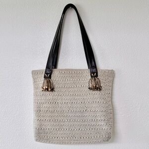The Sak Vintage Hand-Crochet Beige Tote Bag with Leather Strap & Tassel Detail